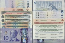 Canada: set of 10 banknotes containing 2x 1 Dollar 1973 (UNC), 2 Dollars 1954 (F), 2 Dollars 1986 (UNC), 3x 5 Dollars 1986 (1x aUNC, 2x UNC), 10 Dolla...
