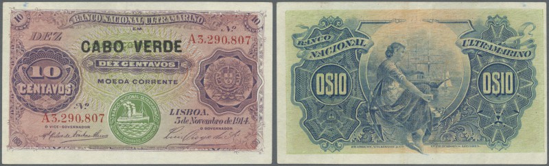 Cape Verde: 10 Centavos 1914 P. 20, light center folds, probably pressed, condit...
