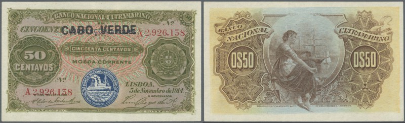 Cape Verde: 50 Centavos 1914 Pick 22, light center fold, strong paper, condition...