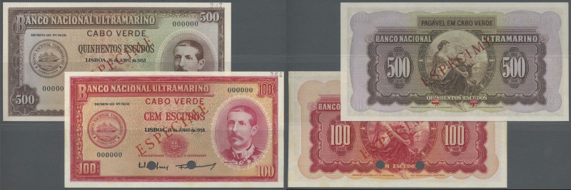 Cape Verde: set of 2 notes containing 100 and 500 Escudos 1958 Specimen P. 49ss,...