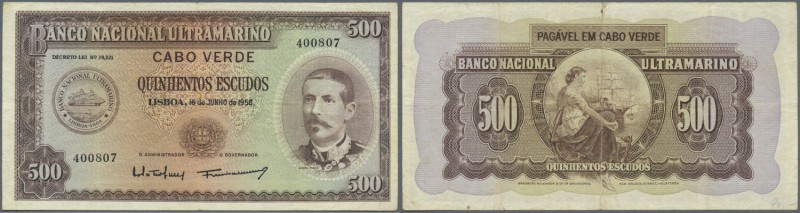 Cape Verde: 500 Escudos 1958 P. 50 in used condition with several folds but with...