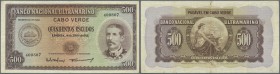 Cape Verde: 500 Escudos 1958 P. 50 in used condition with several folds but without holes or tears, still strong paper, condition: F.