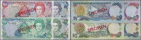 Cayman Islands: set of 4 SPECIMEN notes containing 1, 5, 10 and 50 Dollars 2001 Specimen P. 26s-29s, the 1 Dollar with light folds in paper (XF), the ...