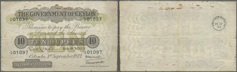 Ceylon: 10 Rupees 1922 P. 12c, rare note used with folds and craeses, stain trac...