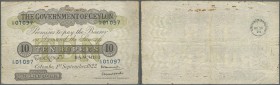 Ceylon: 10 Rupees 1922 P. 12c, rare note used with folds and craeses, stain traces at upper border, no holes or tears, still strong paper, no repairs,...