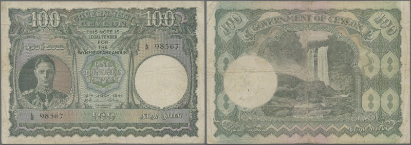Ceylon: 100 Rupees 1944 P. 38, used with folds and light creases in paper, light...