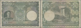 Ceylon: 100 Rupees 1944 P. 38, used with folds and light creases in paper, lightly stained paper, very tiny pinholes at left, no big damages, no repai...