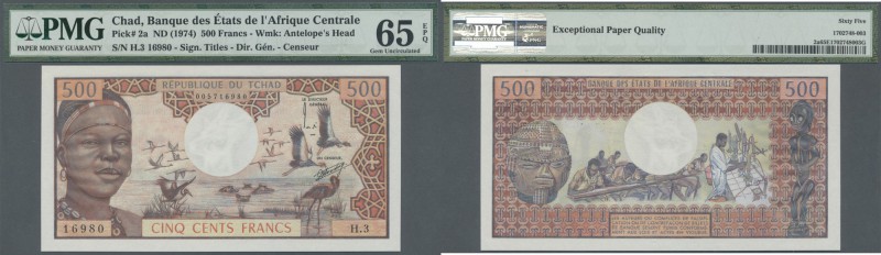 Chad: 500 Francs ND(1974) P. 2a, condition: PMG graded 65 GEM UNC EPQ.