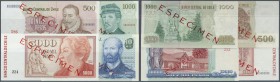 Chile: set of 4 Specimen banknotes containing 500 Pesos 1977 P. 153s, 100 Pesos 1978 P. 154s, 5000 Pesos 1993 P. 155s and 10.000 Pesos 1989 P. 156s, a...
