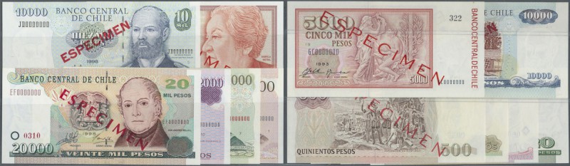 Chile: set of 6 Specimen notes containing 500 Pesos 1999, 1000 Pesos 1999, 5000 ...
