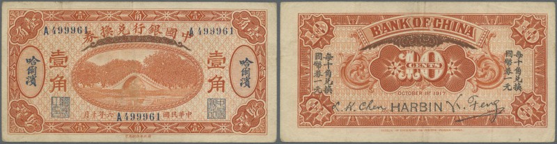 China: Bank of China 10 Cents 1917 P. 43b, vertical folds, traces of use, condit...
