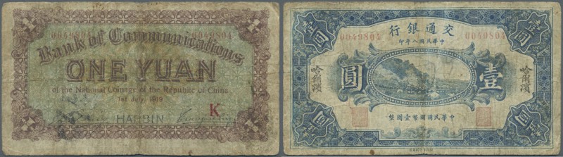 China: Bank of Communications 1 Yuan 1919 ovpt. Harbin P. 125a, stronger used wi...