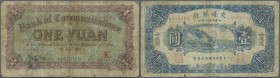 China: Bank of Communications 1 Yuan 1919 ovpt. Harbin P. 125a, stronger used with folds and stained paper, center hole, worn borders, condition: VG.