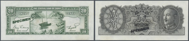 China: 20 Cents Central Bank of China 1946 Specimen P. 395As, light dint at lowe...