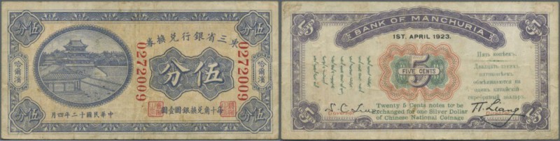 China: Bank of Manchuria 5 Cents 1923 P. S2921, center fold and staining in pape...