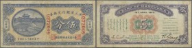 China: Bank of Manchuria 5 Cents 1923 P. S2921, center fold and staining in paper, no holes or tears, condition: F to F+.