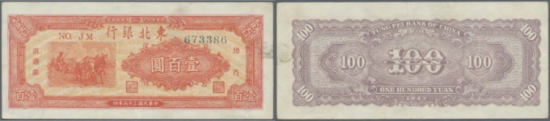 China: Tung Pei Bank of China 100 Yuan 1947 P. S3747, lightly used with 3 vertic...