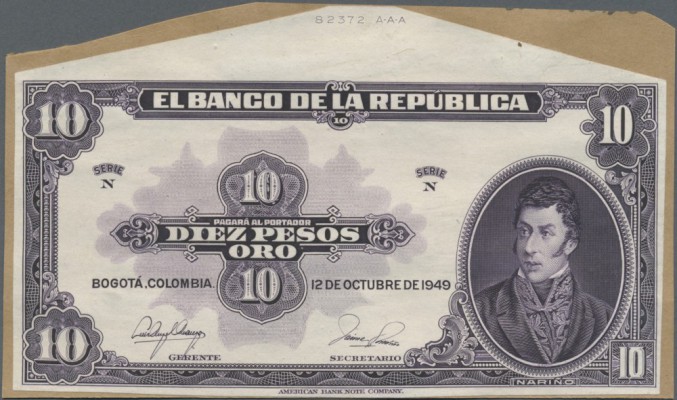 Colombia: 10 Pesos Oro 1949 PROOF print, rare front side proof in lilac color wi...
