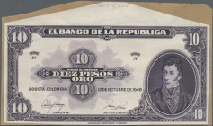 Colombia: 10 Pesos Oro 1949 PROOF print, rare front side proof in lilac color without underprint, printed on banknote paper, mounted on cardboard in g...