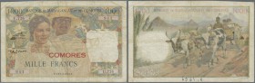 Comoros: 1000 Francs ND(1960) P. 5b, provisional issue with red overprint COMOROS on 1000 Francs Madagascar P. 48, rarer issue, this example with vert...