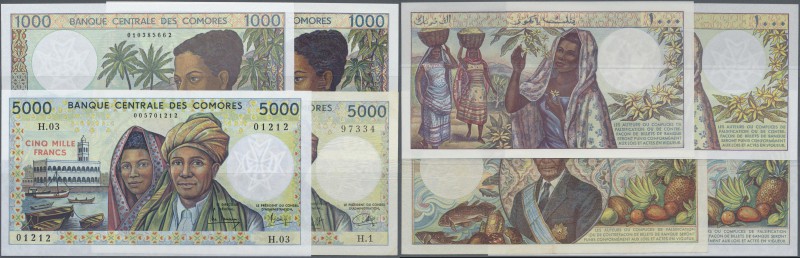 Comoros: set of 4 notes containing 2x 1000 and 2x 5000 Francs ND(1984-2005), 1x ...