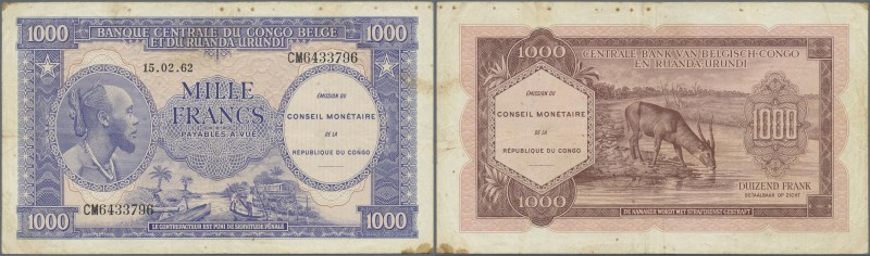 Congo: 1000 Francs 1962 P. 2, used with folds and stain dots in paper, no holes ...