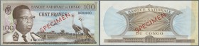 Congo: 100 Francs 1961 SPECIMEN, P.6as in excellent condition, traces of glue at right border on back and tiny pinholes at upper left center. Conditio...