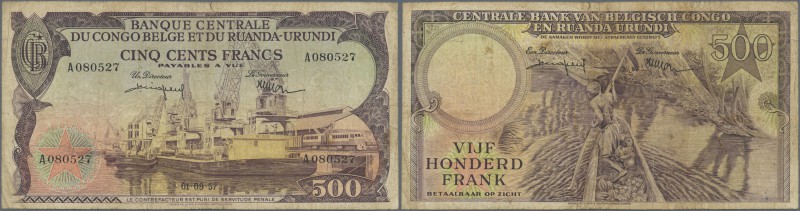 Congo: 500 Francs 1957 P. 34, used with several folds and creases, stained paper...