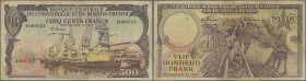 Congo: 500 Francs 1957 P. 34, used with several folds and creases, stained paper, pinholes and minor border tears, still strongness in paper, no repai...