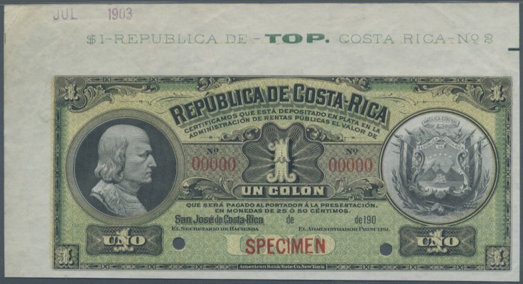 Costa Rica: 1 Colon ND(1905-06) SPECIMEN, P.142s with hand stamped date July 190...