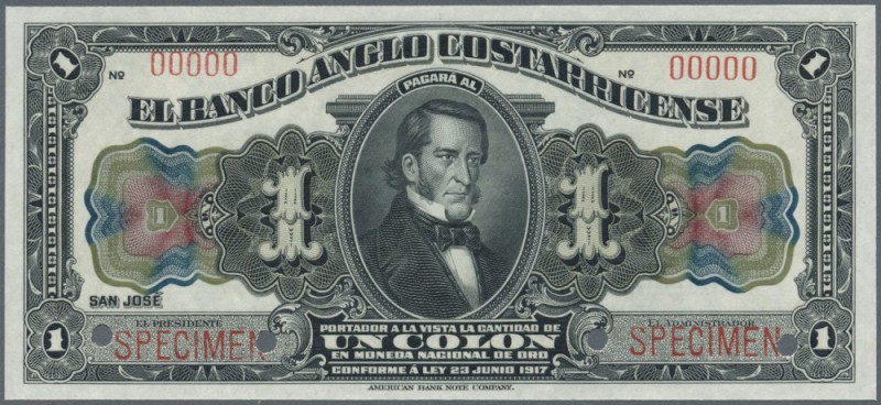 Costa Rica: El Banco Anglo Costarricense 1 Colon L.1917 SPECIMEN, P.S121as in pe...