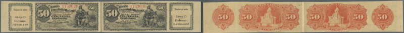 Cuba: uncut horizontal pair of 2x 50 Centavos 1889 P. 33a with counterfoil in co...