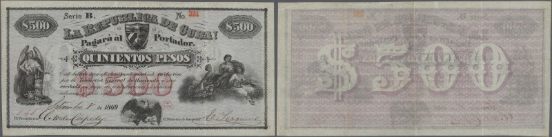 Cuba: rare 500 Pesos 1869 P. 59, used with folds, but no holes or tears, no repa...