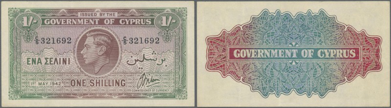 Cyprus: 1 Shilling 1942 P. 20, light vertical folds, no holes or tears, not wash...