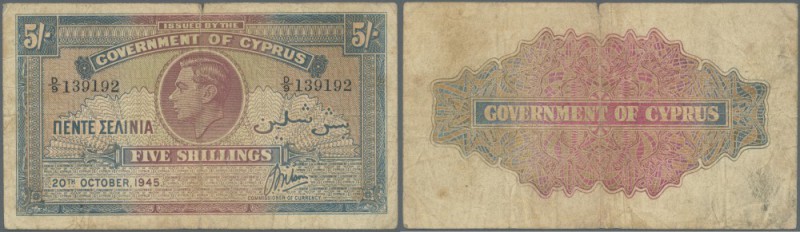 Cyprus: 5 Shillings 1945, P.22 in used condition with several folds, staining pa...