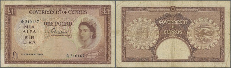 Cyprus: 1 Pound 1956 P. 35 in used condition with folds and creases, stained pap...