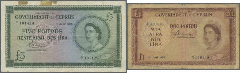Cyprus: Pair with 1 and 5 Pounds 1955, P.35, 36, both in well worn condition. 1 ...