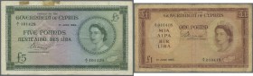 Cyprus: Pair with 1 and 5 Pounds 1955, P.35, 36, both in well worn condition. 1 Pound with staining paper, several tiny tears along the borders and sm...