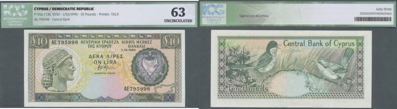 Cyprus: 10 Pounds 1990 P. 55a, ICG graded 63 UNC.