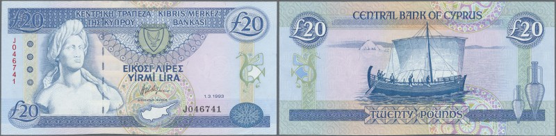 Cyprus: 20 Pounds 1993 P. 56b, light handling in paper, condition: aUNC.