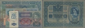 Czechoslovakia: set with 4 Banknotes 10, 20, 100 and 1000 Korun 1919 Austro-Hungarian Notes - Stamp Revalidation Issue, P.1, 2, 4, 5 in about F to F+ ...