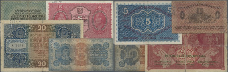 Czechoslovakia: set with 4 Banknotes series 1919/1921 comprising 1, 5 and 20 Kor...