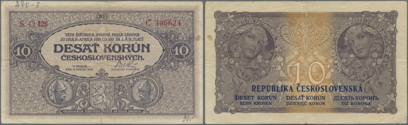 Czechoslovakia: 10 Korun 1919, P.8, rare note with several folds, lightly staine...