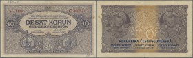 Czechoslovakia: 10 Korun 1919, P.8, rare note with several folds, lightly stained paper and pencil writing on front. Condition: F