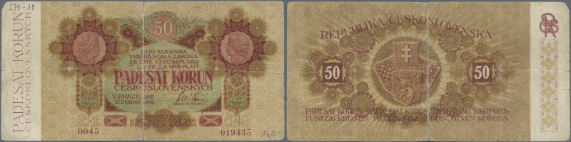 Czechoslovakia: 50 Korun 1919, P.10, rare note in well worn condition with many ...