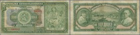 Czechoslovakia: 100 Korun 1920, P.17, lightly stained paper with several folds, tiny hole at center and annotations on front and back. Condition: F