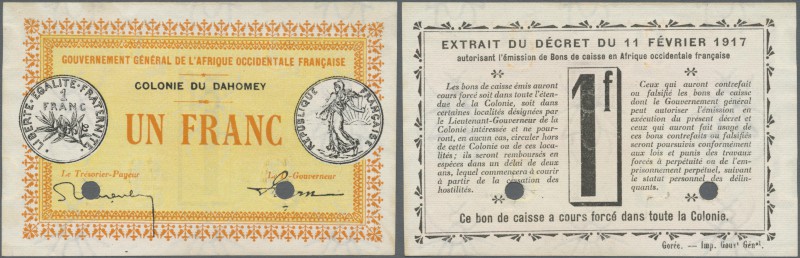 Dahomey: 1 Franc 1917 Proof Print without serial number and 2 bank cancellation ...
