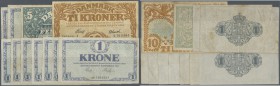 Denmark: set with 10 Banknotes containing 8 x 1 Krone 1921, 5 Kroner 1924 and 10 Kroner 1923, P.12, 20, 21. All notes with handling marks like spots, ...
