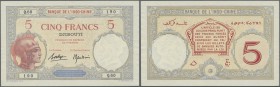 Djibouti: 5 Francs ND P. 6 light folds but no holes or tears, condition: XF.