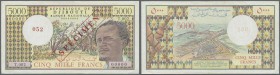 Djibouti: 5000 Francs ND Specimen P. 38bs with zero serial numbers and specimen overprint, unfolded but light creases at borders and handling in paper...